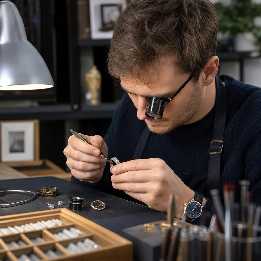 A professional jeweller examining a gemstone with a loupe.